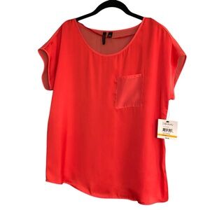 New Pink Coral Short Sleeve Scoop Neck Boxy Flowy Top Semi Sheer Back Sz Small